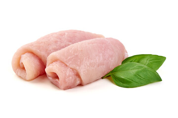 Chicken Rolls Basil Leaves, isolated on white background
