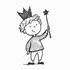 Cute Cartoon Kid in Magic Costume with Crown and Wand at Birthday Party Vector Illustration