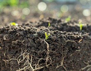 Close-up of young plants sprouting from dark soil
