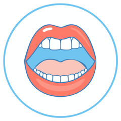 Open mouth icon with teeth, lips, and blue interior in a circle.