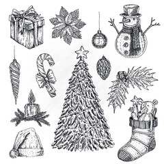 hand drawn christmas elements, christmas icons set png collection for web design