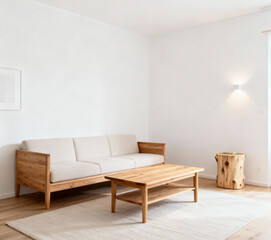 Fototapeta premium Bright Scandinavian living room featuring a wooden sofa with white cushions, wooden coffee table, and minimalistic decor in a clean white space.
