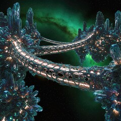 Intricate futuristic crystalline structure floating in deep space with a vibrant green nebula background.