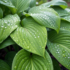 Obraz premium Thriving Green Foliage with Water Droplets Natures Refreshing Detail Lush Garden Plant Macro Serene Botanical Beauty