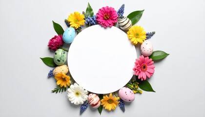 Easter wreath made of colorful spring flowers, leaves and easter eggs