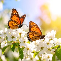 Two monarchs on white blossoms beneath sunlit sky!