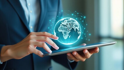 Mano tocando la elegante pantalla de una tableta digital con una proyección holográfica de la Tierra, que simboliza la sostenibilidad ambiental