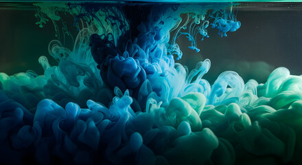 Ethereal blue green ink swirling gracefully, abstract artistic expression for modern designs, calm and mesmerizing underwater flow