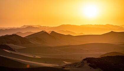 Fototapeta premium Golden Sunset Over Arid Mountain Range with Warm Tones and Pixelated Texture in Horizontal Composition, Creating a Scenic and Abstract Landscape View
