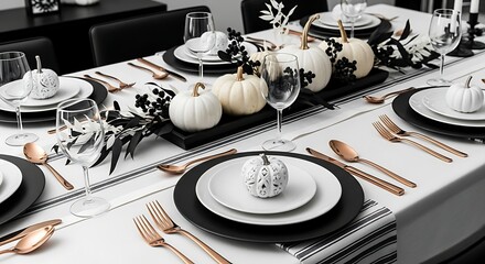 Elegant thanksgiving table setting with white pumpkins and copper flatware for a modern holiday feast