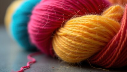 Bola de hilo de colores brillantes con vibrantes matices rojo, turquesa, limón y magenta