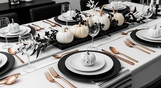 Elegant thanksgiving table setting with white pumpkins and copper flatware for a modern holiday feast - Powered by Adobe