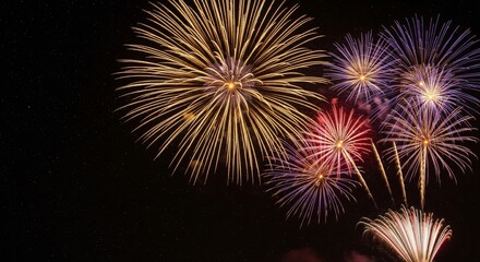 Night sky filled with colorful fireworks exploding in bright golden, red, and purple tones. The fireworks light up against a dark, starry sky, creating a festive and celebratory atmosphere