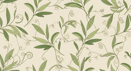 Seamless botanical pattern featuring delicate green leaves and tendrils on a light beige background, creating a natural and elegant design.