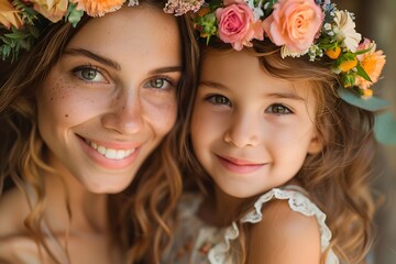 Fototapeta premium A mother and her young daughter smile warmly at the camera, both wearing colorful flower crowns. The setting features natural greenery and hints of a festive atmosphere during a summer gathering