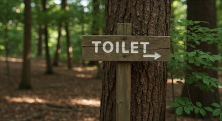 Wooden toilet sign with arrow, on a tree in a woodland setting