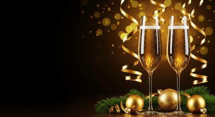 Two tall champagne flutes filled with sparkling golden champagne stand side by side in the right half of the frame