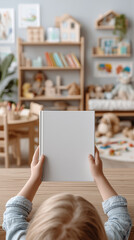 Child little blonde girl hold in hands closed kids book with a blank front cover in nursery room. childhood and reading concept mockup