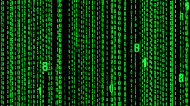 Green binary code falling down on black background, symbolizing data flow, information technology, and digital communication in modern world