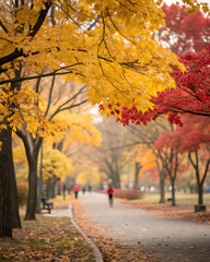 Autumn park transformed into a painting with bokeh effect. Bright yellow and red leaves on the trees turn into soft
