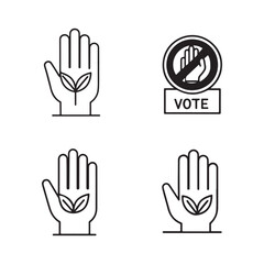 Obraz premium Hands with leaves and a vote symbol representing environmental action and participation