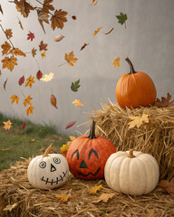 Generous autumn still life: colorful pumpkins of various shapes and sizes are arranged on the hay