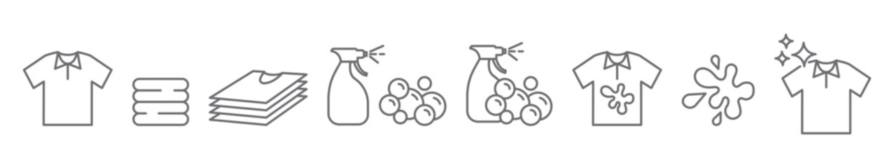 Set of laundry self service icons editable stroke isolated on transparent background. Washing service icons. T-shirt, clean shirt, bubbles, spray, spot, washing liquid and other icons.