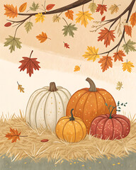 Generous autumn still life: colorful pumpkins of various shapes and sizes are arranged on the hay