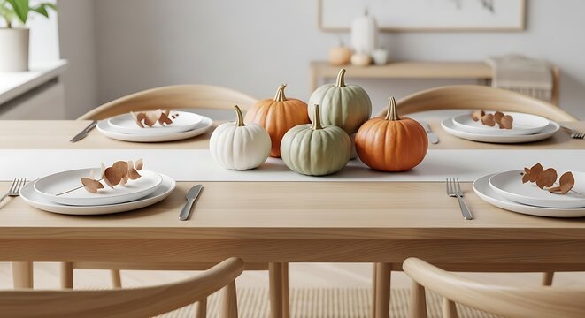 Elegant thanksgiving table setting with pumpkins and minimalist decor for a festive celebration