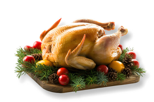 Roasted chicken with vegetables for Christmas Day on white background.