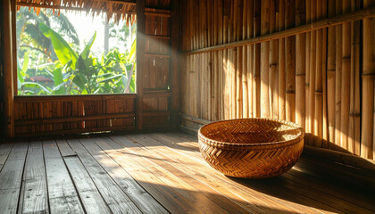 Interior of a rustic bamboo structure with a woven basket, sunlight streaming through the window.