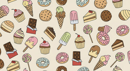 A repeating pattern of various sweet treats including donuts, ice cream cones, cupcakes, chocolate bars, cake slices, lollipops, cookies, and popsicles.