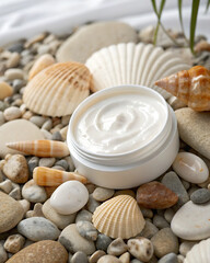 A jar of natural body cream, placed on a composition of smooth gray pebbles and an exquisite seashell.