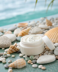 A jar of natural body cream, placed on a composition of smooth gray pebbles and an exquisite seashell.