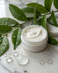 A jar of refreshing face cream or, standing on a marble surface. Transparent water drops