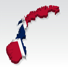 3D  Norway map with flag. Three dimensional map of Norway with shadow. Flag Kingdom of Norway on white background for your design, app, UI.  Stock vector. EPS10.