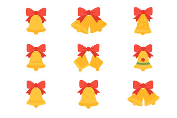 Christmas bell flat icon set. featuring bells with ribbons, stars, stripes, and holiday designs