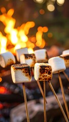 Golden brown marshmallows roasting over a campfire