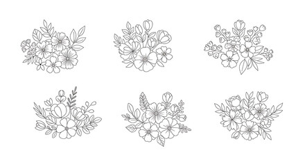 Six outlined floral arrangements featuring various flower types, buds, and leaves, presented in a minimalist, line art style on a white background.
