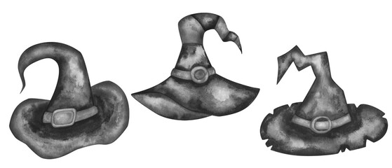 Watercolor illustration. Set of hats. Hand painted witch, wizard, woman long black hats with crooked ends. Halloween. Isolated food clip art elements for holiday postcards, posters