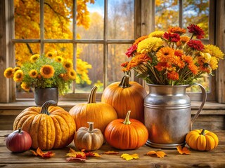 Autumn pumpkins and flowers on a windowsill