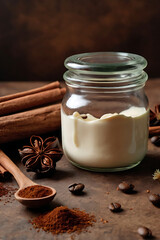 Glass jar with natural body cream with cinnamon, coffee beans and dried flowers. An atmosphere of warmth