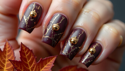 Elegant manicure with burgundy autumn nails featuring gold accents  