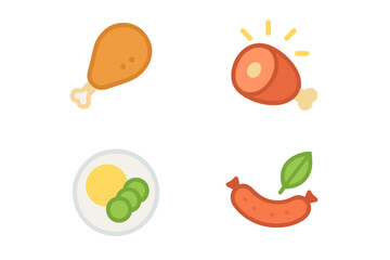 Food and dining neon icon set. featuring chicken leg, ham, egg with vegetables, and sausage symbols
