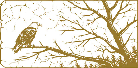Majestic eagle perched on a bare tree branch in vintage sketch style. Nature and wildlife illustration with forest background. Rustic vector design for outdoor or wildlife themes.