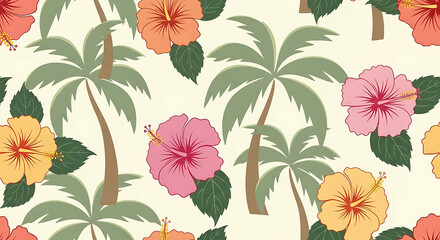 Seamless tropical pattern featuring stylized palm trees and hibiscus flowers in various colors on a light beige background.