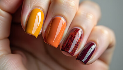 Woman's hand displaying colorful fall nails with autumn manicure  