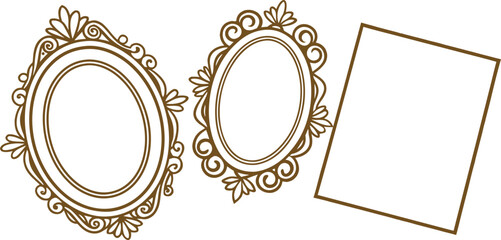 Ornate oval and rectangular frame illustration with vintage floral scroll design. Elegant decorative outline template for photo, artwork, or invitation. Classic brown border for stylish display.