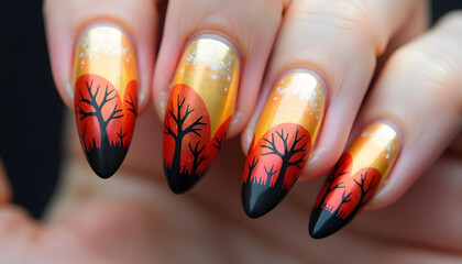 Fall nails with autumn sunset design and tree silhouettes  
