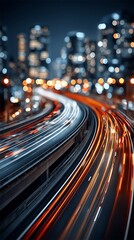 long-exposure shot of highway overpasses and blurred car light trails leading into a defocused, sparkling city skyline at night.